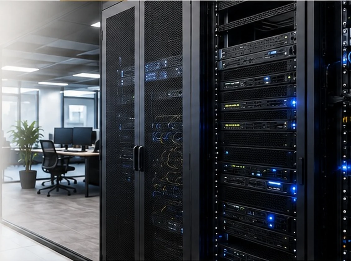 Moderní serverový rack v čistém firemním prostředí